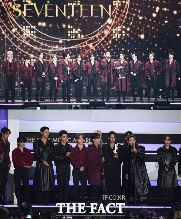 '2023 더팩트 뮤직 어워즈'서 대상을 수상한 세븐틴은 "그 누구도 범접할 수 없는 팀워크"를 꾸준한 성장의 비결로 꼽았다. /장윤석 인턴기자, 서예원 인턴기자