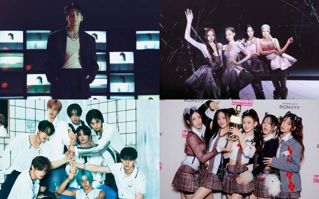 방탄소년단 정국, 블랙핑크, 뉴진스, 스트레이 키즈(왼쪽 위부터 시계방향)가 '2023 빌보드 뮤직 어워드' K팝 부문 수상자로 선정됐다. /빅히트 뮤직, YG엔터테인먼트, 어도어, JYP엔터테인먼트