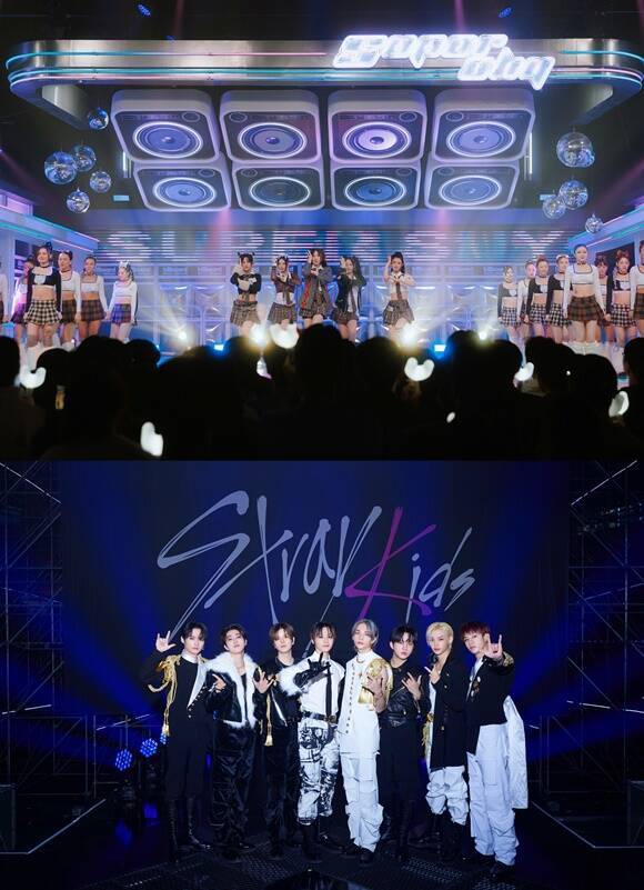 그룹 뉴진스(위)와 스트레이 키즈가 '2023 빌보드 뮤직 어워드'에서 무대를 펼쳤다. /어도어, JYP엔터테인먼트