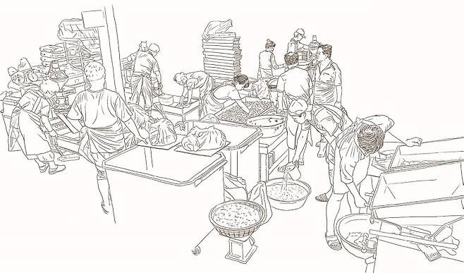 This drawing depicts a scene of rice cake making at Nakwon Tteok House. (Seoul Museum of History)