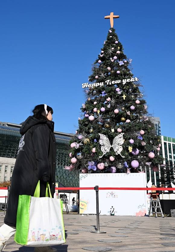 20일 서울 중구 서울광장에 크리스마스 트리가 설치돼 있다. 2023.11.20 오장환 기자