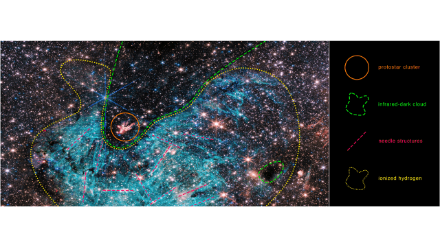 우리 은하 중심부의 궁수자리C 영역의 모습. 주황색 선은 원시성단을 나타내며 녹색 점선은 적외선-암흑 구름, 노란색 점선은 이온화된 수소를 나타낸다. (사진= NASA, ESA, CSA, STScI, S. Crowe)