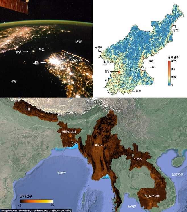 경제규모 예측에 주로 사용되어 온 야간조도 영상(좌상단: 미국 항공우주국(NASA) 지구 관측소 제공). 불빛이 환한 남한에 비해 북한은 평양을 제외하고 전기 수급이 되지 않아 검게 나타났다. 연구팀이 이번에 개발한 모델은 북한(우상단)과 아시아 5개국(하단)에 대해 더욱 세밀한 경제 예측 결과를 보여준다. KAIST 제공