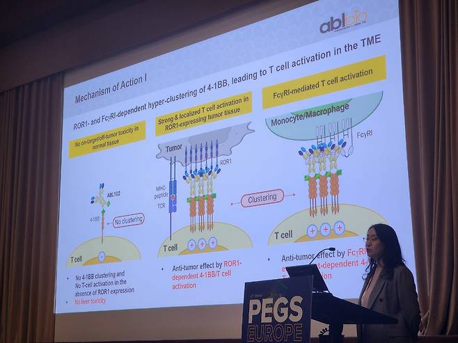 에이비엘바이오 관계자가 PEGS 유럽에서 ABL102 비임상 결과를 발표하고 있다. 에이비엘바이오 제공