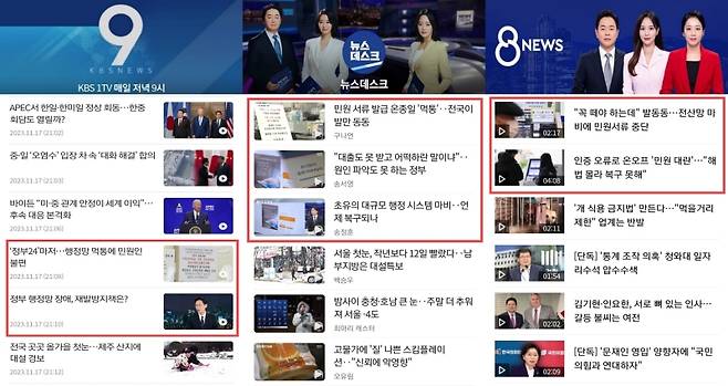 ▲2023년 11월17일 KBS 뉴스9, MBC 뉴스데스크, SBS 8뉴스(왼쪽부터)