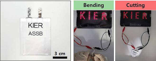 연구진이 개발한 전고체전지를 구부리고 자르는 극한 상황에서도 안정적으로 구동되는 모습.[한국에너지기술연구원 제공]