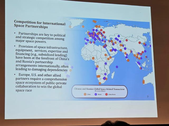 야나 로빈슨 프라하안보연구소 이사가 22일 '제1회 국제우주안보 심포지엄'에서 공개한 '중국-러시아 주도 우주파트너십 현황.' 문재연 기자