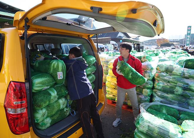 22일 오전 부산 해운대구 반여농산물시장에서 관계자들이 복지관 차량에 김장배추를 옮기고 있다. 반여농산물시장은 지역 복지관에 김장배추 9000포기를 전달했다. 연합뉴스.