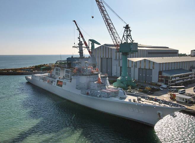 South Korean Navy's Jeongjo the Great, an Aegis-equipped destroyer, is tied to a pier at HD Hyundai Heavy Industries' Ulsan shipyard on Monday. (HD Hyundai)