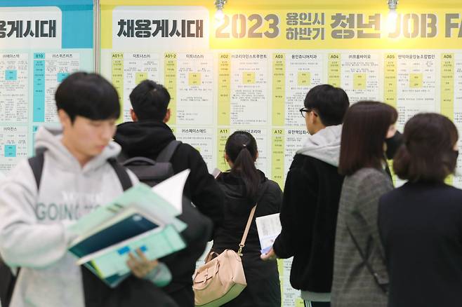 이달 단국대 죽전캠퍼스 체육관에서 열린 청년 잡페어에서 구직자들이 현황판을 확인하고 있다. 사진과 기사는 무관함. [용인특례시청]