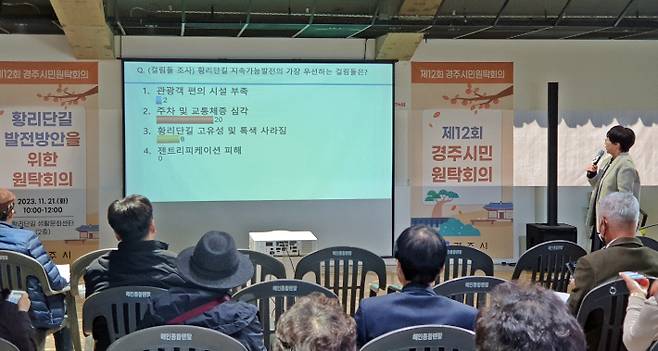 경주시가 황리단길 생활문화센터에서 '황리단길의 지속 가능한 발전방안'을 모색하기 위한 시민원탁회의를 개최하고 있다. 경주시 제공