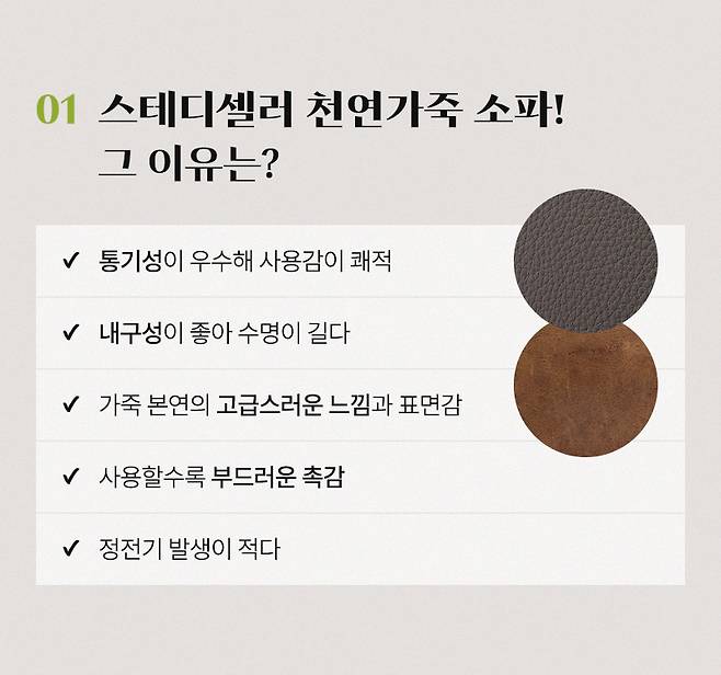 01 스테디셀러 천연가죽 소파! 그 이유는? V 통기성이 우수해 사용감이 쾌적 V 내구성이 좋아 수명이 길다 V 가죽 본연의 고급스러운 느낌과 표면감 V 사용할수록 부드러운 촉감 정전기 발생이 적다