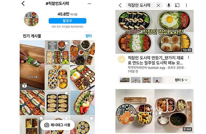 23일 인스타그램에는 ‘직장인 도시락’ 관련 게시물이 4만8000여건 있었고, 유튜브에서는 ‘도시락 요리법’ 영상이 인기를 끌고 있었다. 인스타그램·유튜브 갈무리