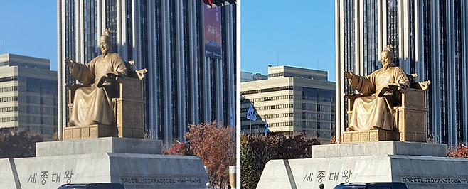 갤럭시점프3(왼쪽)와 갤럭시S23울트라로 찍은 세종대왕.ⓒ데일리안 남궁경 기자