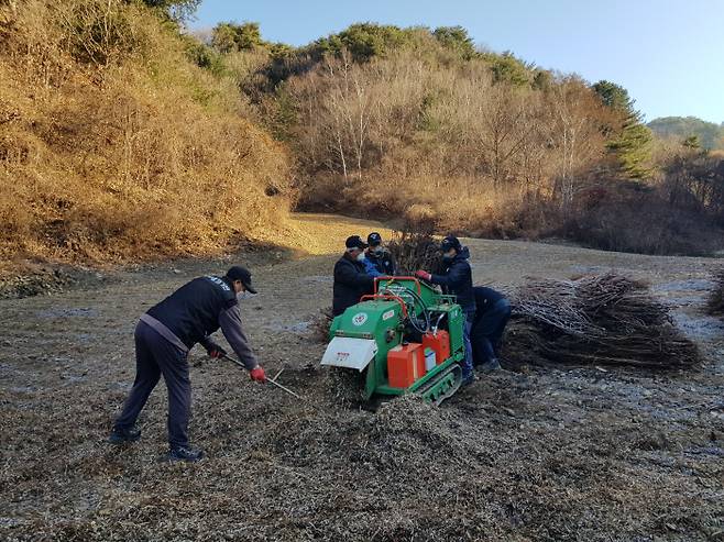 강원 화천군 소속 인화 물질 제거 반원들이 지난 21일 화천군 화천읍 풍산리 야산과 인접해 있는 밭에서 영농 부산물인 들깻대를 수거해 파쇄하고 있다.