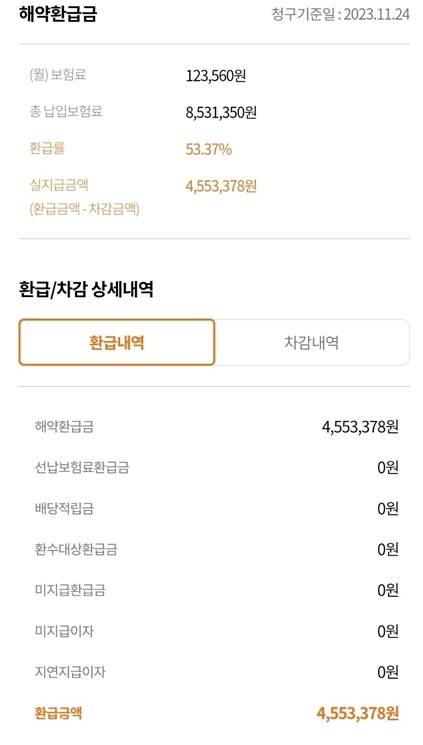 H 손해보험사 해지환급금 안내화면 캡쳐/사진=김희정 기자