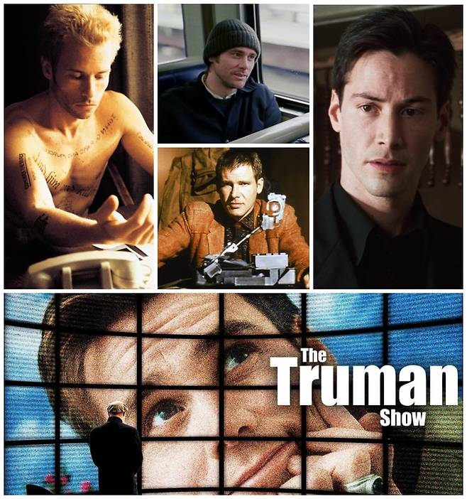 1990년대부터 2000년대 초까지 ‘인비저블 몬스터’ ‘파이트 클럽’을 비롯해 정체성의 혼돈과 진정한 ‘나’를 찾는 내용이 담긴 작품이 크게 흥행했습니다. 사진 아래부터 시계방향으로 영화 ‘트루먼쇼’, 영화 ‘메멘토’, 영화 ‘이터널 선샤인’, 영화 ‘매트릭스’ 한 장면. 가운데 사진은 이들 영화보다 조금 앞서, 복제인간을 사냥하는 인물 데커드를 통해 ‘인간으로서의 정체성과 비(非)인간의 정체성의 경계’를 질문했던 영화 ‘블레이드 러너’(1982)의 한 장면.