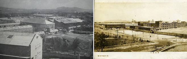 1930년대 경성방직 영등포공장의 모습(왼쪽). 경성방직 공장은 방직기 224대를 소유하였고 영등포역 앞에 위치했다. 오른쪽은 1936년 종연방적 영등포공장의 전경. 종연방적 공장은 8만 평의 부지에 방적기계 5만 추와 직기 1,600대를 갖춘 최신식 시설을 갖추고 있었다. [영등포구청·서울역사아카이브]