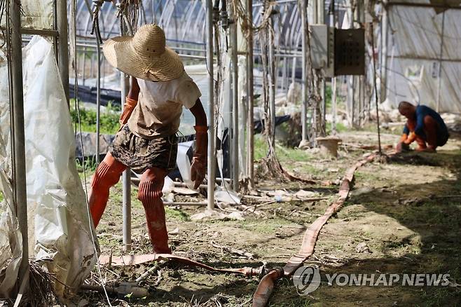 수해 복구작업 하는 외국인근로자 [연합뉴스 자료사진]