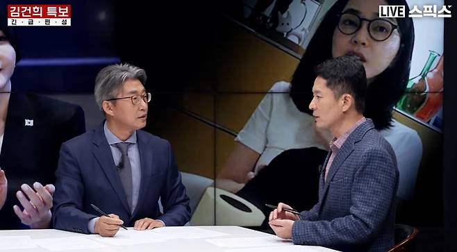 ▲ MBC 기자 출신 장인수 기자(오른쪽)가 28일 유튜브 채널 스픽스에 출연해 자신이 보도한 김건희 여사 영상을 해설하고 있다. 사진=스픽스 화면 갈무리.