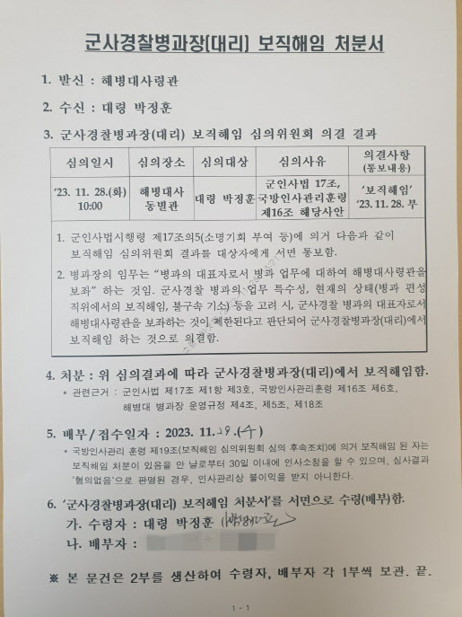 박정훈 해병대 군사경찰 병과장 보직해임 심의위원회 결과통보서.(사진=박정훈 대령 법률대리인, 연합뉴스)