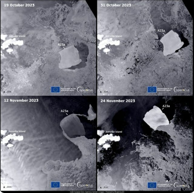 코페르니쿠스 센티넬 1호 위성이 촬영한 빙산 A23a의 경로. 사진은 10월 19일과 31일, 11월 12일과 24일에 촬영됐다.   (출처: 엑스@CopernicusEU)