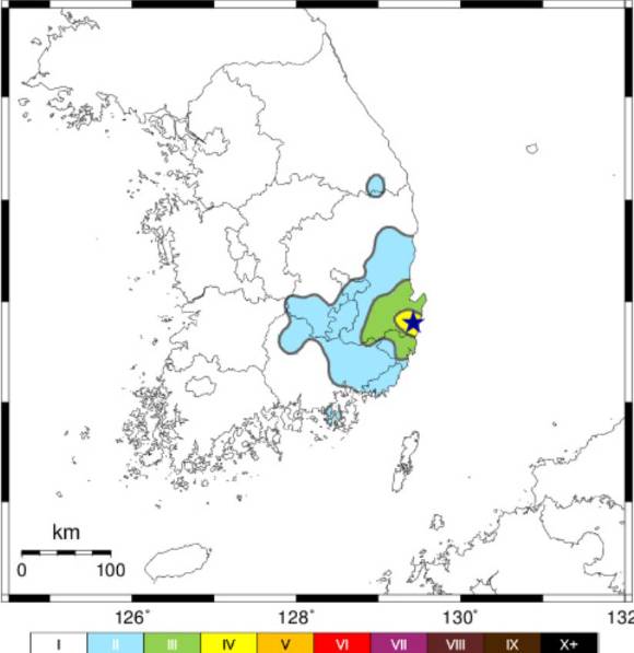 경상북도 경주에서 규모 4.0의 지진이 발생했다. 사진은 30일 경주에서 발생한 지진으로 인한 전국의 계기진도 수치. [사진=기상청]