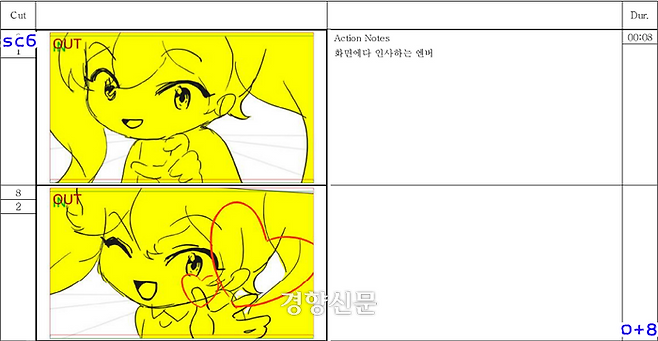 온라인 커뮤니티에 유출됐던 엔젤릭버스터 콘티. 해당 콘티는 40대 남성 애니메이터 A씨가 그린 것으로 확인됐다.