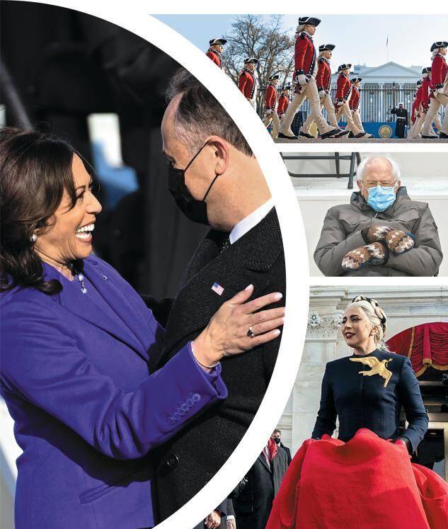 카멀라 해리스 미 부통령이 20일(현지 시각) 취임 선서 후 남편 더그 엠호프 변호사와 포옹하고 있다.(왼쪽 사진) 미 육군 군악대가 조 바이든 대통령이 취임식 후 백악관에 들어오기 전 백악관 앞에서 행진하고 있다.(오른쪽 위 사진). 이날 취임식에서 가수 레이디 가가가 미국 국가를 불렀다.(오른쪽 아래 사진) 버니 샌더스 상원의원은 점퍼 차림으로 이날 취임식에 참석해 눈길을 끌었다.(오른쪽 가운데 사진) /로이터 EPA UPI AFP 연합뉴스