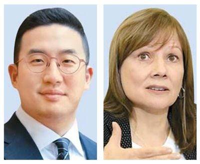 미 현지서 전기차 배터리를 합작 생산한 구광모(왼쪽) LG 회장과 메리 배라 GM 회장이 한미 관계 발전 공로로 코리아소사이어티로부터 '밴플리트 어워드'를 수상했다. /코리아소사이어티