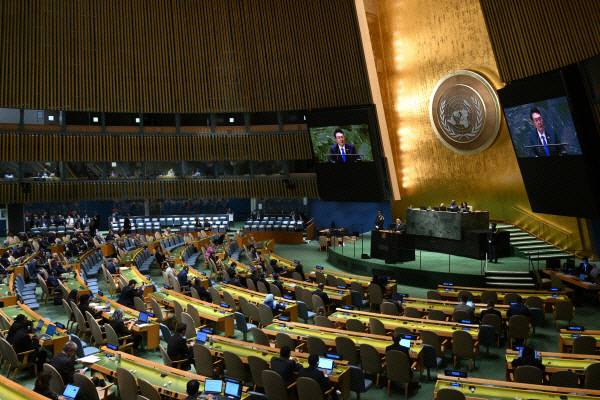 윤석열 대통령이 지난 9일 20일 미국 뉴욕 유엔본부에서 열린 제78차 유엔총회에서 기조연설을 하고 있다. 사진은 기사 내용과 직접적인 관련이 없음. 공동취재단 제공