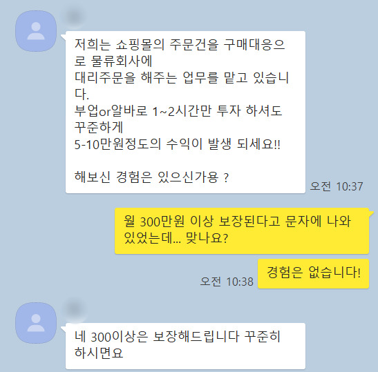 월 300만원 이상은 보장해준다는 가이드의 답변. 노란색 대화상자가 취재진이다.〈사진=송혜수 기자〉