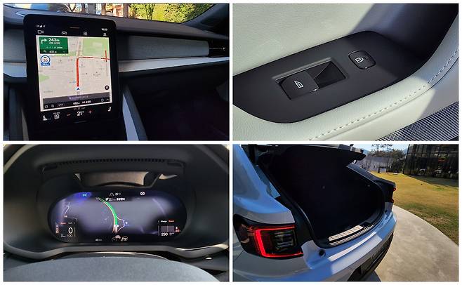 (왼쪽 위부터 시계방향) 폴스타 2 업그레이드 센터페시아, 도어조작 물리버튼, 디지털 계기반, 테일게이트. 김성우 기자