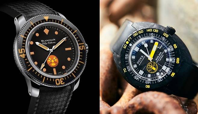 블랑팡(Blancpain)의 피프티패덤즈 노라디에이션(No Radiations) 에디션(왼쪽)과 독사(Doxa)의 아쿠아렁(AquaLung) 에디션.