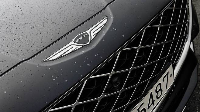 더블 레이어드 지-메트릭스 그릴과 제네시스의 윙 엠블럼. ⓒautodiary