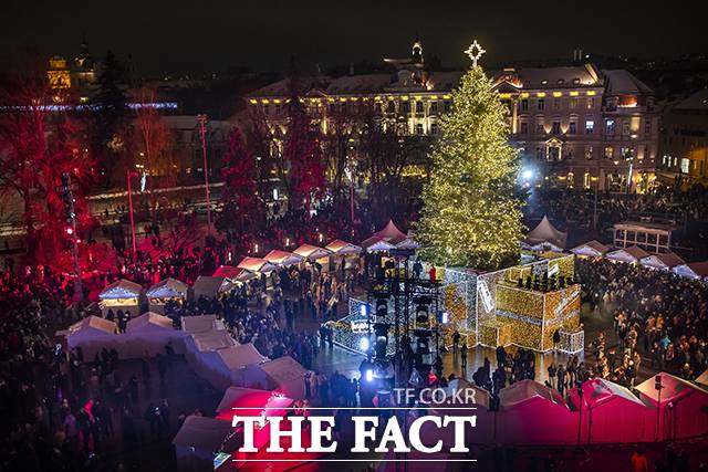 1일(현지시간) 리투아니아 빌뉴스 대성당 광장에 내셔널크리스마스트리 점등식이 열린 가운데 많은 시민들이 화려하게 빛나는 크리스마스 트리를 즐기고 있다./빌뉴스=AP.뉴시스