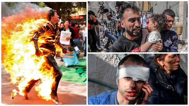 세상의 수많은 비극과 참상, 이를 통한 인류의 불행을 떠올린다면, 마흐푸즈가 설계한 결말도 틀리지만은 않은 것만 같습니다. 이런 결말이 아니고서야, 인류가 처한 불행이 설명될 길이 없을 테니까요. 사진은 우측 상단부터 시계방향으로 이스라엘 가자지구 공습 후 팔레스타인 아버지가 부상당한 딸을 울부짖으며 대피시키는 모습[EPA·연합뉴스], 우크라이나 키이우에서 러시아 공격으로 부상당한 우크라이나 남성이 휴대전화로 통화하는 모습[로이터·연합뉴스], 한 티베트인이 중국에 항거하며 분신하는 모습[로이터·연합뉴스].