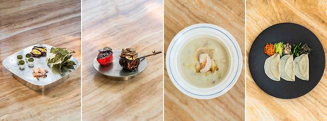 (왼쪽부터) 우리 한 입 거리, 송로버섯 닭꼬치, 잣죽, 전병. /루이비통