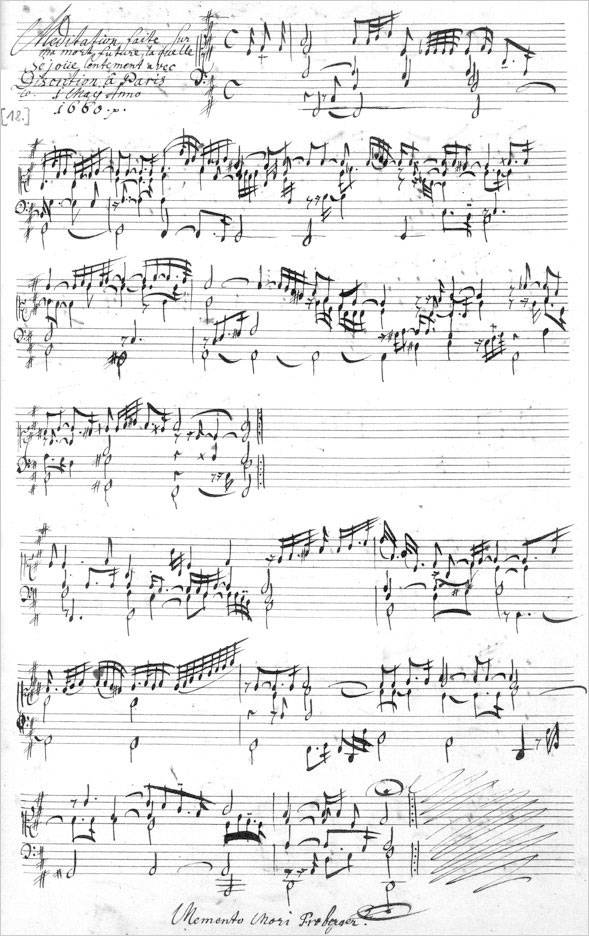 프로베르거의 ‘미래에 다가올 내 죽음을 위한 명상’ 필사본. 마지막 하단에 “Memento Mori(죽음을 기억하라) Froberger(프로베르거)?”라고 적혀있다. 사진 옥스퍼드 아카데믹