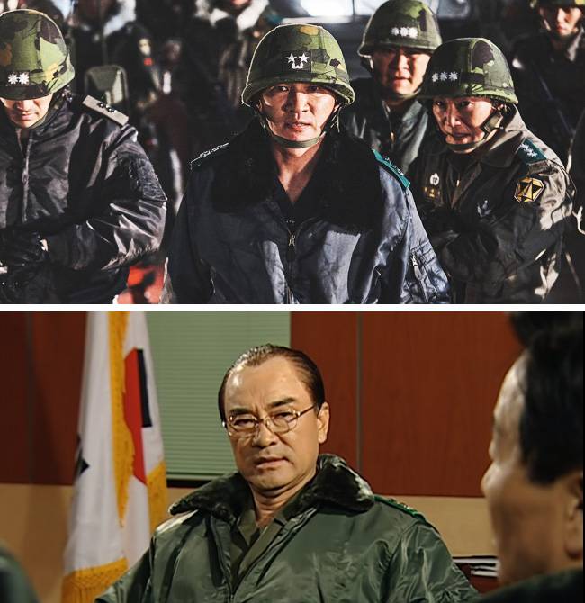 영화 ‘서울의 봄’(위 사진)은 전두환 씨를 전두광(황정민 분·사진 가운데)으로 극화했지만, 드라마 ‘제5공화국’은 전두환(이덕화 분)이라는 실명으로 등장시킨다.