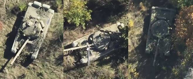 우크라이나군 드론으로 항공 촬영된 러시아의 짝퉁 T-72 탱크들