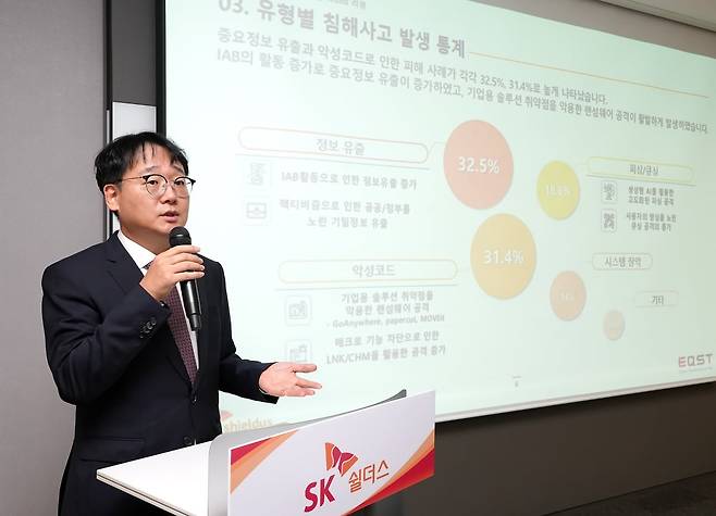 SK쉴더스 이재우 EQST사업그룹장이 5일 광화문에서 열린 ‘2024 주요 보안 위협과 대응 전략’ 미디어 세미나에서 ‘2023 주요 해킹 사고 사례’에 대해 발표하고 있는 모습.