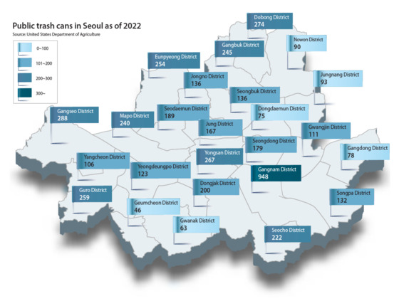 Public trash cans in each of Seoul's 25 districts as of 2022 [YUN YOUNG]