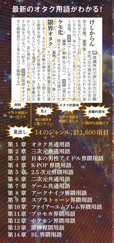 지난달 21일 일본 전국에 발매된 '오타쿠 용어 사전: 대한계'의 목차. '오타쿠 공통용어'와 '2차원 공통용어', 'K팝 용어', '포켓몬 용어' 등 14분야로 나뉘었다.