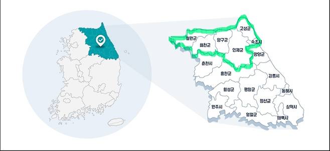 중앙선거관리위원회 산하 국회의원선거구획정위원회가 국회에 제출한 내년 총선 선거구 획정안에는 강원도 속초시와 철원·화천·양구·인제·고성군이 한 지역구로 돼 있다. 강원특별자치도청 인터넷 홈페이지 지도 자료를 토대로 선거구 획정구역을 표시했다.