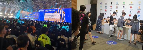지난 1일부터 사흘간 태국 방콕의 센트럴 랏프라오 내 컨벤션 센터 홀에서 열린 글로벌 대회 ‘펍지 클로벌 챔피언십(PGC) 그랜드 파이널’ 현장에서 현지 팬들이 객석을 가득 채우고 자신의 응원 팀에 환호성을 보내고 있다(왼쪽 사진). 오른쪽 사진은 다나와 e스포츠팀의 태국 팬 사인회에 매표소까지 닿을 정도로 긴 대기 줄을 만든 현지 팬들의 모습.