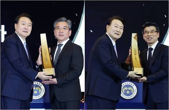 윤석열 대통령이 장재훈 현대차 사장(왼쪽)과 송호성 기아 사장에게 수출의 탑을 수여하고 있다. [사진출처=연합뉴스]