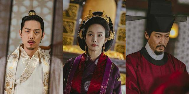 드라마 '고려거란전쟁'에 등장하는 고려 7대 목종, 천추태후, 김치양 분(왼쪽부터)의 모습. KBS 화면 캡처