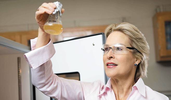 진화의 법칙 깬 생명의 연금술사 - 프랜시스 아널드 캘리포니아공과대(칼텍) 교수가 실험실에서 단백질 합성 결과물을 살펴보고 있다. 아널드는 인위적으로 진화의 방향성을 결정할 수 있는 '유도 진화'를 개발해 바이오 의약품과 바이오 연료 탄생의 역사를 열었다. /칼텍