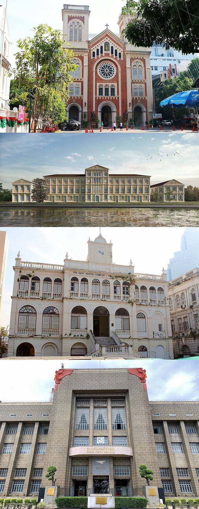 방콕 크리에이티브 디스트릭트를 대표하는 근대 서양식 건물인 성모승천 성당과 옛 세관, 덴마크 동아시아회사, 중앙 우체국(위에서부터)./Bangkok River Partners